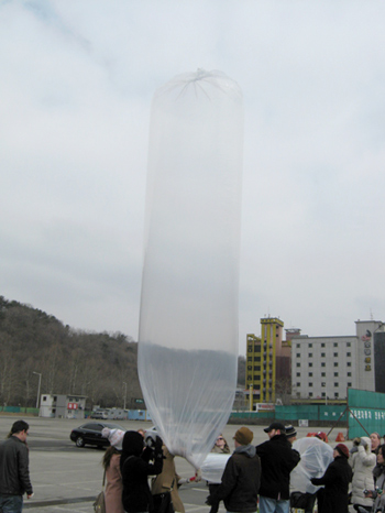 The balloons filled with hydrogen gas about to carry socks to North Korea.