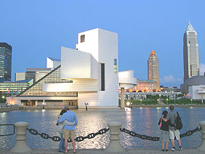 Cleveland's skyline, dominated by the Rock and Roll Hall of Fame designed by I.M. Pei