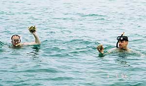 The author and Reg return to the boat from a successful conch dive.