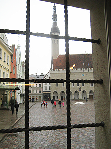 A view of the Town Hall square from inside the old pharmacy