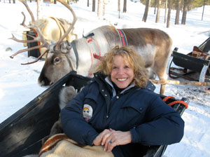 Riding in a reindeer sledge in Lapland.