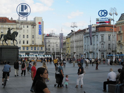 A bustling Trg Jelacia, located in Lower Town in Zagreb's Central Square.