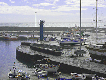 The busy fishing harbor at Villa Franco, Azores