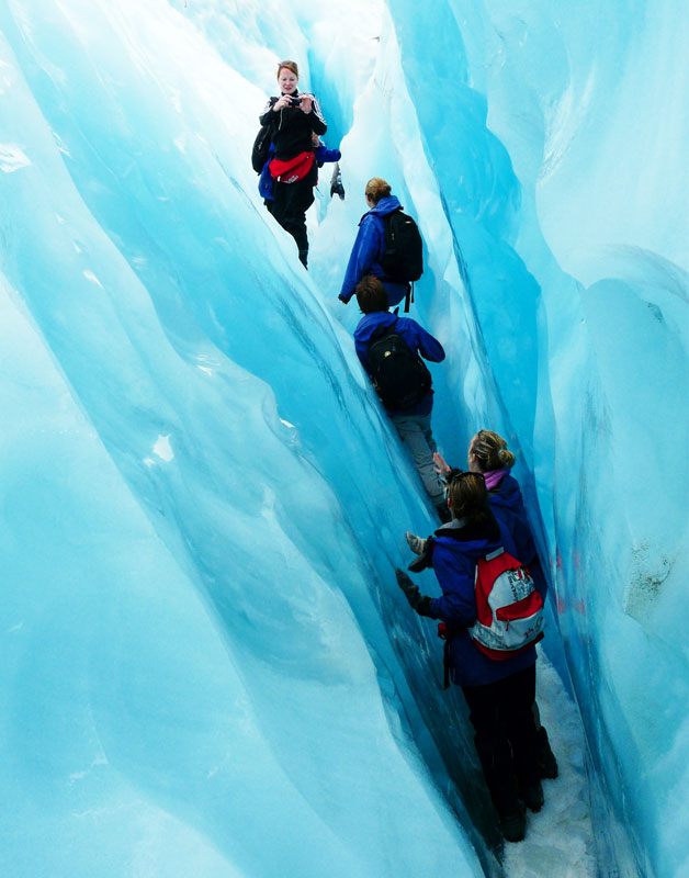 A blue ice tunnel in the Franz Josef Glacier on New Zealand's South Island.