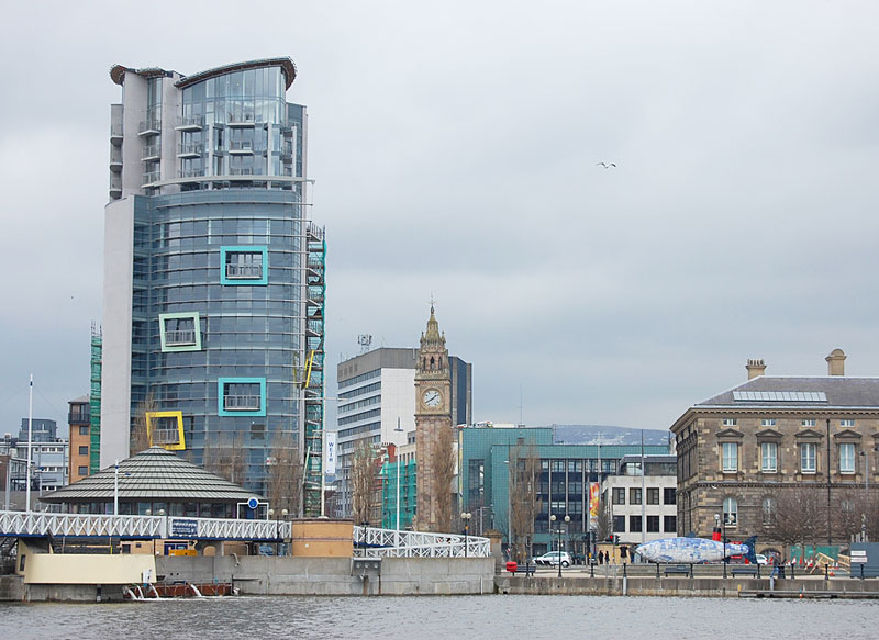 New and old buildings, including the Albert Clock, on the Belfast waterfront