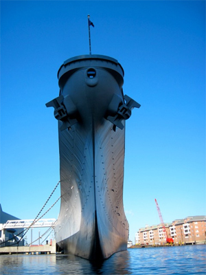 The battleship Wisconsin, docked permanently in Norfolk VA. This view is from a kayak.