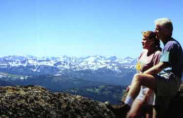 Northern Cascades and the Coastal Range from a ridge top in Cathedral Lakes Provincial Park.