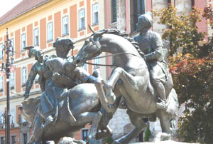 Statues in Eger commemorate battles with occupying Turks.