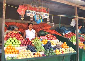 A fruit market in downtown Pucallpa offers its produce with freshness and a smile.