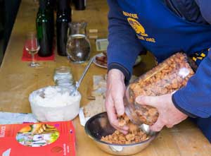 Lots of filling snacks are provided, like these home-made pork rinds.