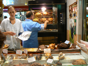 Rotisserie chicken at Les Halles, the big market in the center of Tours, France.