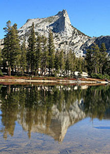 Cathedral Peak reflected in Lower Cathedral Lake.