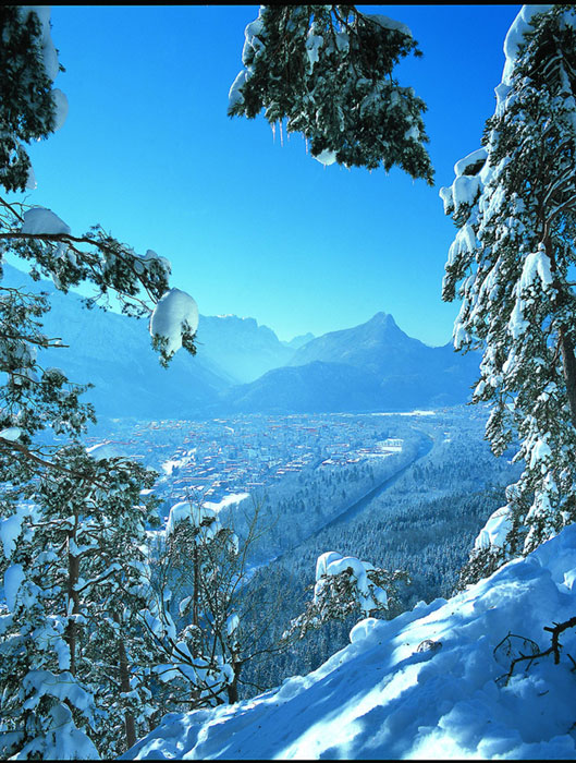 The view of Bad Reichenhall from a high road leading into the Alps