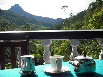 The balcony of the Wathsala Inn in Dalhousie, Sri Lanka, with a view of Sri Pada, also known as Adam's Peak.