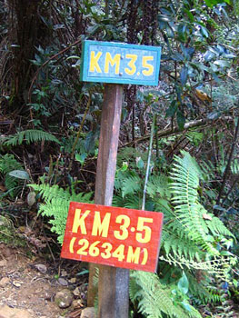 Distance markers line the trail upwards.