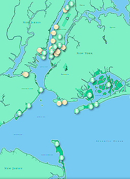 Green circles indicate the National Parks of New York Habor and yellow circles indicate other popular destinations.