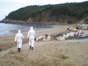  Workers at the spill site in South Korea.