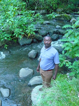 Osle at the foot of the Machame Waterfalls