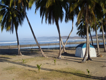 Heller's campsite on the beach where he spent six months learning to surf.