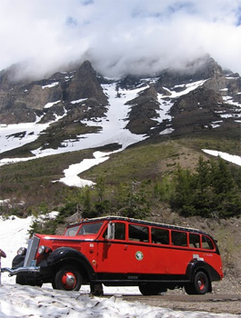 The red buses can run on propane or gasoline, and are a stylish way to see this huge million-acre Glacier National park.