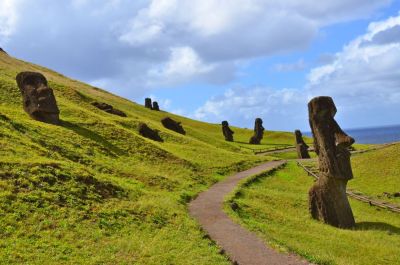 Rano Raraku, Easter Island is a volcanic crater that served as the quarry for about 95% of the island’s sculptures known as moai. These moai were left in various states of production. Read more at https://www.gonomad.com/17-cultures/5788-chile-rapa-nui-s-mysterious-statues 