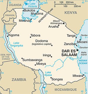 Map of Tanzania showing Zanzibar in the far right corner.