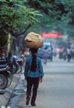 A Taste of Hanoi's Braised Fish Street 2 A young lady carries a load with grace and style on Hang Bo Street, Hanoi. (Graham Simmons photo)