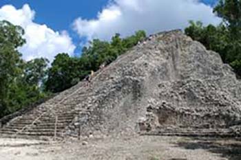 The staircase of Nohoch Mul, the tallest pyramid in the Yucatan, makes some climbers think twice before ascending.