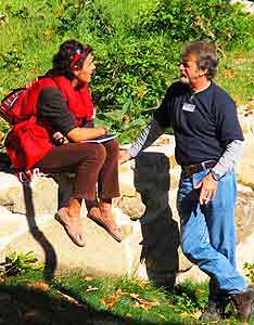 Two students chat in English at Pueblo Ingles in La Alberca, Spain.