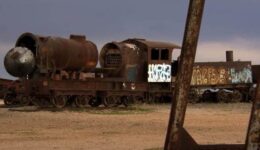Some of the trains that Butch Cassidy and the Sundance kid robbed now lie abandoned at The abandoned railroad cemetery in Uyuni, Bolivia.