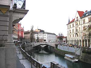 Plecnik's Triple Bridge spans the Ljubljanica River between Presernov Trg and the Market Colonnade. Photo by Christine H. O'Toole