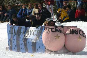 Montana's Wildest Winter Resorts 9 An entry in the Cardboard Classic, shortly before it crashed into a fence