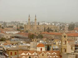 Mosque in the distance, with twin minarets, that was once a cathedral. Max Hartshorne photos.
