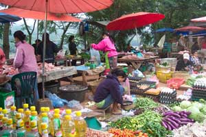A morning market along the banks of the Mekong is a buzz of activity in Luang Prabang.