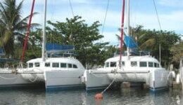 A catamaran sailboat in Barbuda, Caribbean.