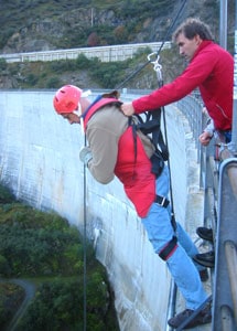 Switzerland: Hiking in the Land of Sky 4 The author, strapped in for a "rap jump," prepares for the free-fall.