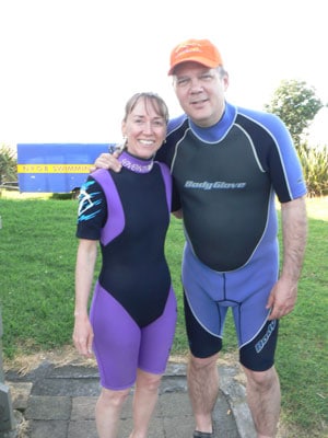 Max and Cindy about to go surfing at Oakura.