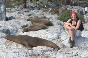 Lisa with sea lions in the Galapagos Islands