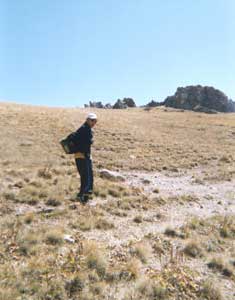 The author's CBT guide, Beka, hiking in the mountains surrounding lake Son Kul 