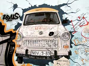 The Trabant mural, one of the most well known murals that is part of the East Side Gallery, sadly covered with graffiti.
