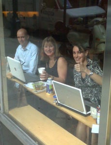 Brink Barrymore, Bianca Bracken, and Brigitta Kroon-Fiorita of the Netherlands Board of Tourism in New York, hosting the historic cyber press trip from their command center at Starbucks
