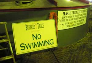 A tongue-in-cheek warning by the mash tubs at Buffalo Trace