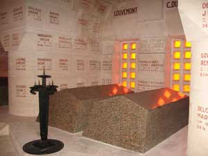 Inside the Douaumont bone yard. The site gathers together in this peaceful resting place the remains of over 130,000 unidentified French and German soldiers found on the battle field in Verdun.