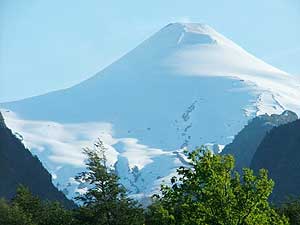 A snow-capped volcano in Chile's Lake District