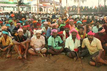 The all-men crowd with their colorful attire