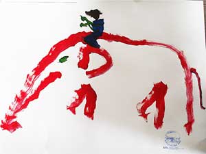 A self portrait by an elephant, complete with a mahout on his back