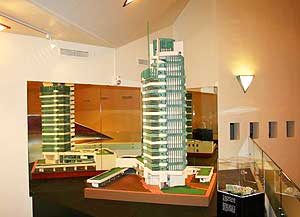 A model of the Inn at Price Towers at the Price Tower Art Center