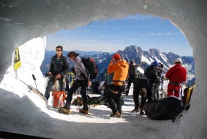 Inside the chamber where the hikers set out to climb down steep Mt. Blanc.