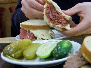 Meat is hand-cut and piled high at Katz's