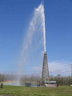 Spindletop's recreated gusher, that spewed 100,000 gallons of crude into the air in 1901 and made Beaumont Texas a rich town.